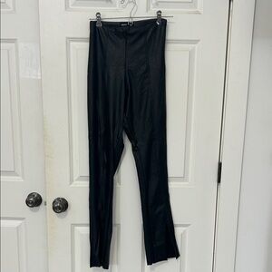 Akaiv Black Faux Leather Pants size small inseam 29” flare bottoms slit bottom